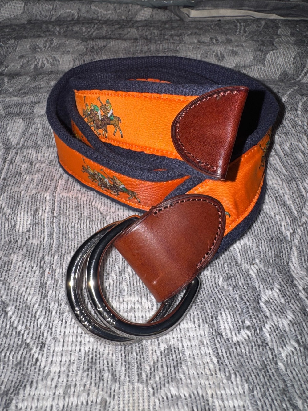 Vtg Polo Ralph Lauren Equestrian Web Ribbon Belt Orange Blue Horse Leather Brass